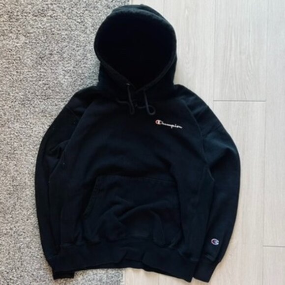 Champion Reverse Weave Hoodie Men’s Large Black Plain Heavy Thick Pullover - Picture 1 of 5